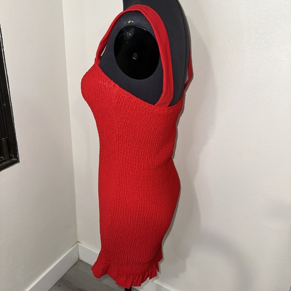 Storia Smocked Red Linen Mini Dress Size S‎ Ruffle - Picture 4 of 11